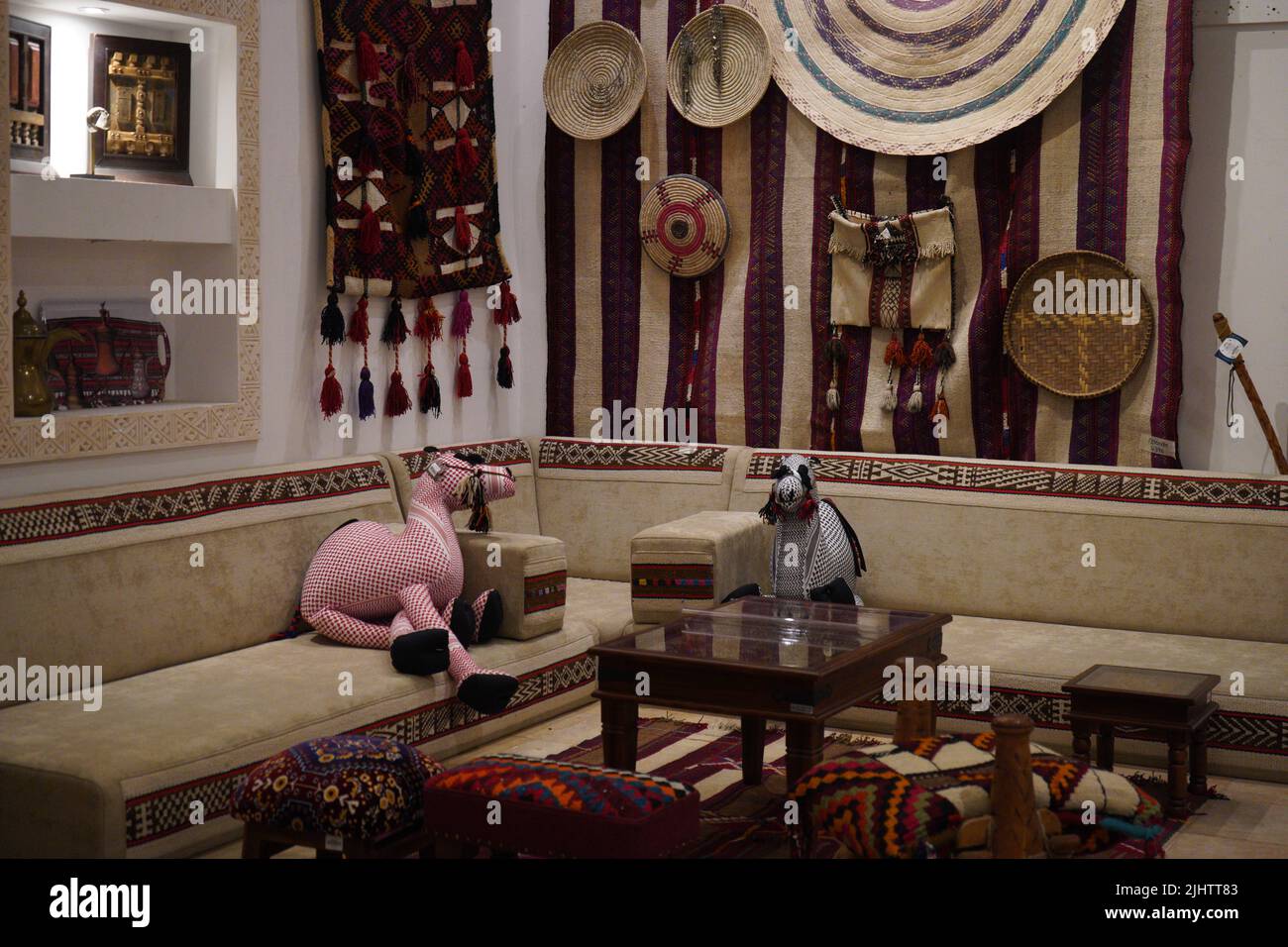 Saudi Heritage living room with camel stuffed animal and some decoration. khobar, saudi arabia. Stock Photo