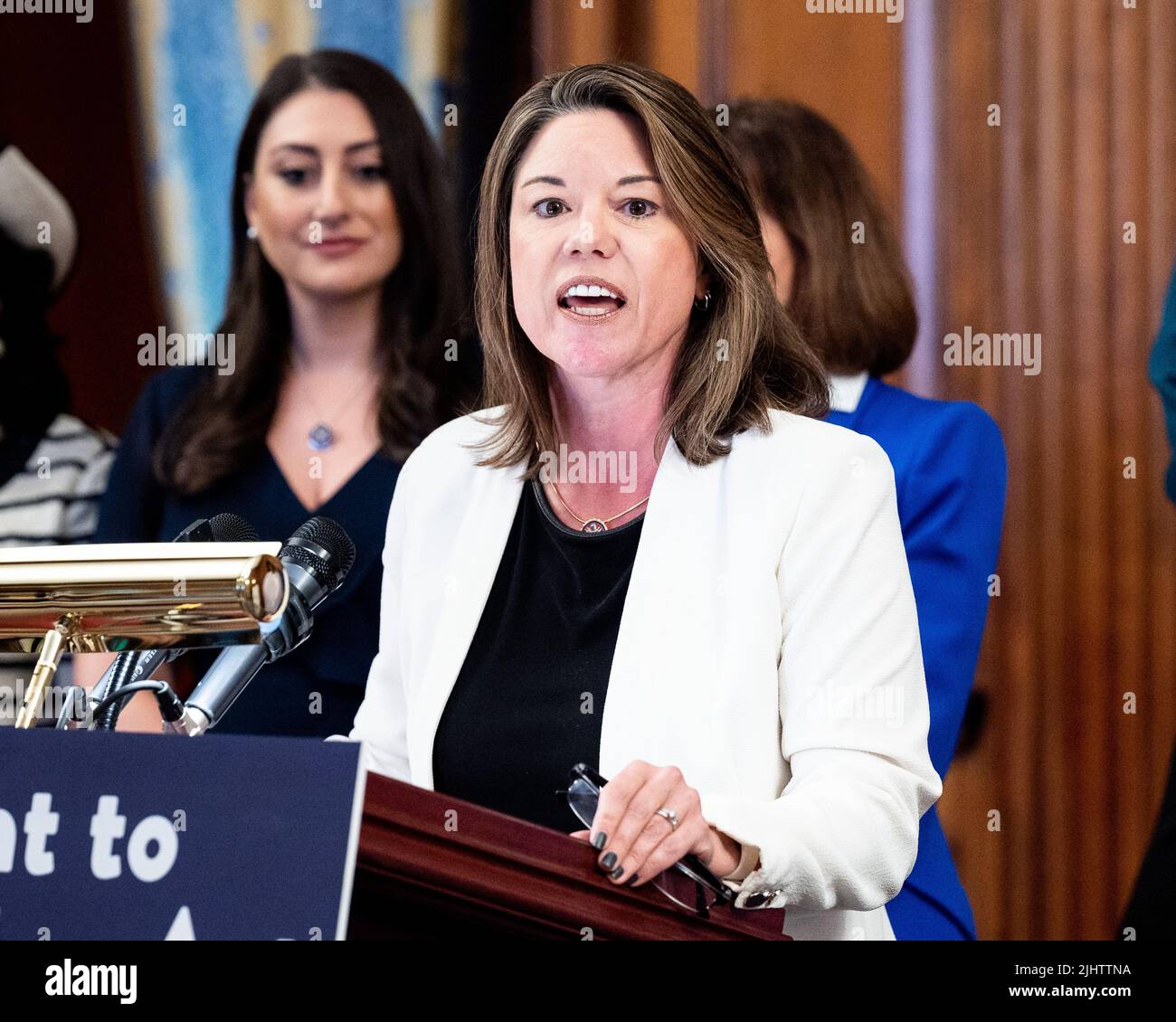 U.S. Representative Angie Craig (D-MN) speaking at a press conference ...