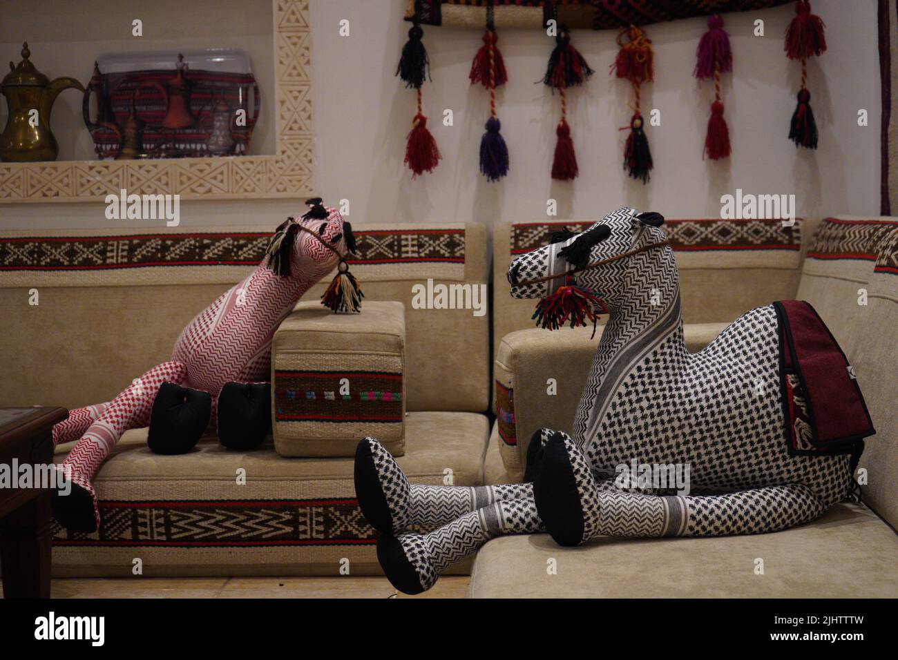 Saudi Heritage living room with camel stuffed animal and some decoration. khobar, saudi arabia. Stock Photo