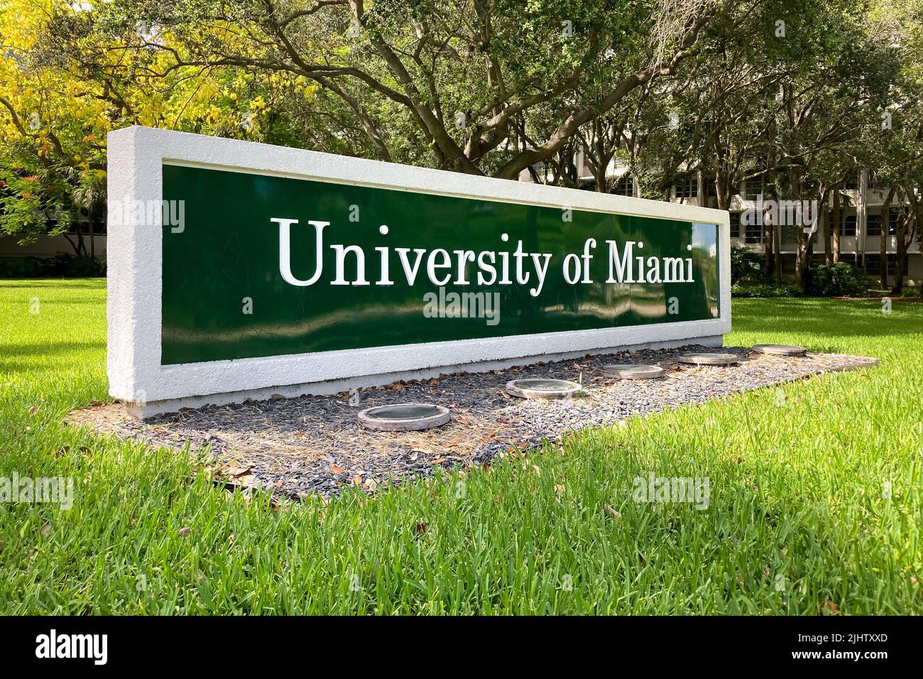 CORAL GABLES, FL, USA - JULY 2, 2022: University of Miami entrance sign and trademark logo. Stock Photo