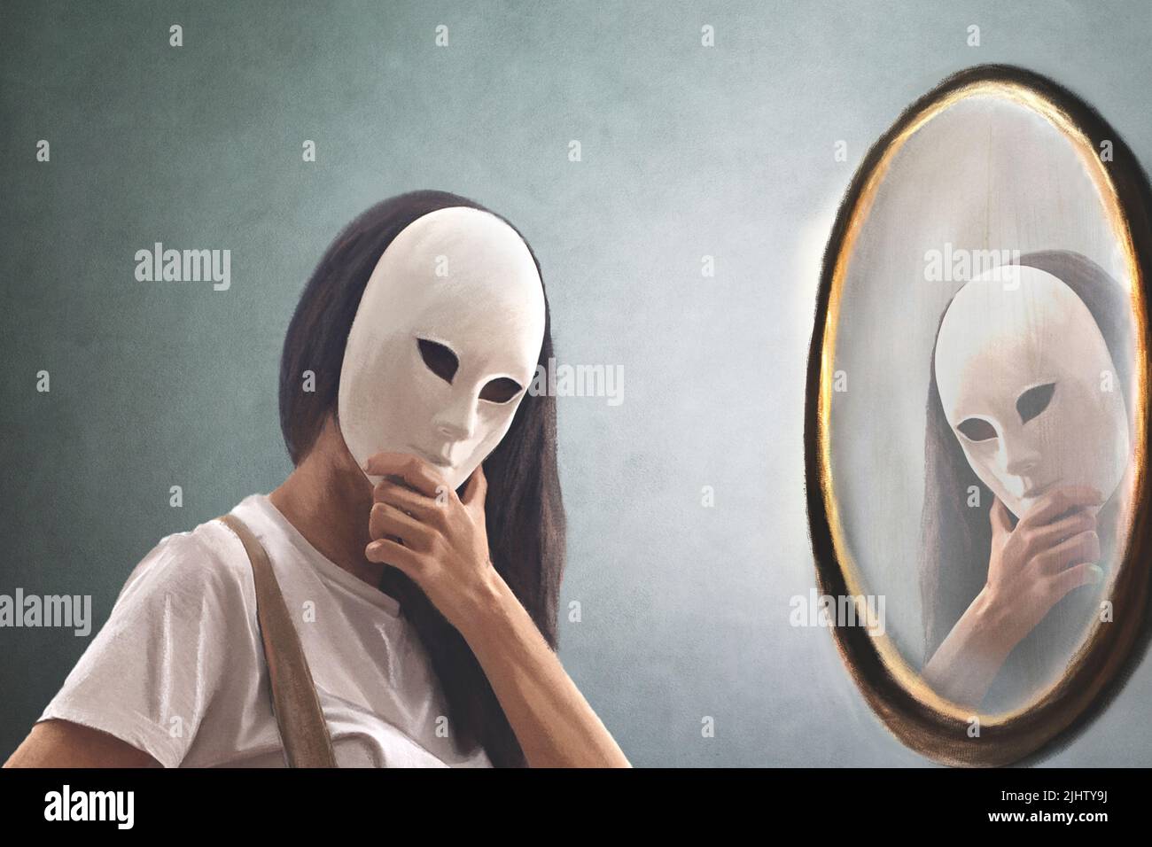 woman with mask looks in the mirror to see if she knows herself Stock Photo