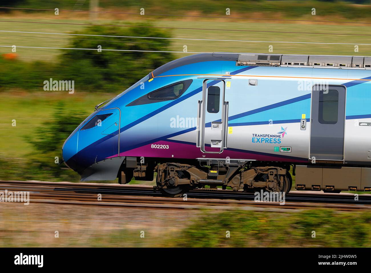 British Rail Class 802 Azuma Train 802203 operated by Transpennine Express seen passing through Colton Junction near York Stock Photo