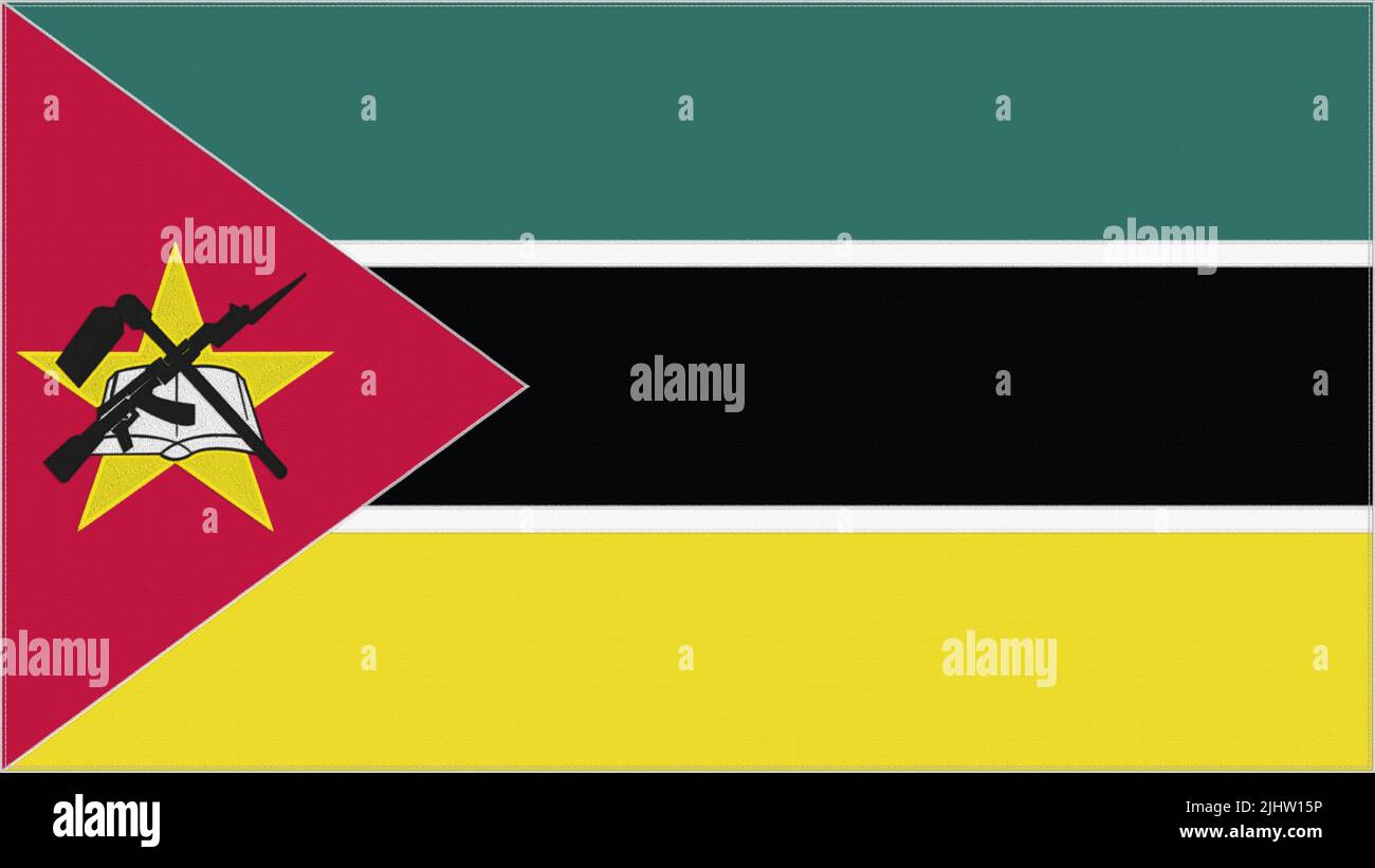 Mozambique embroidery flag. Mozambican emblem stitched fabric ...