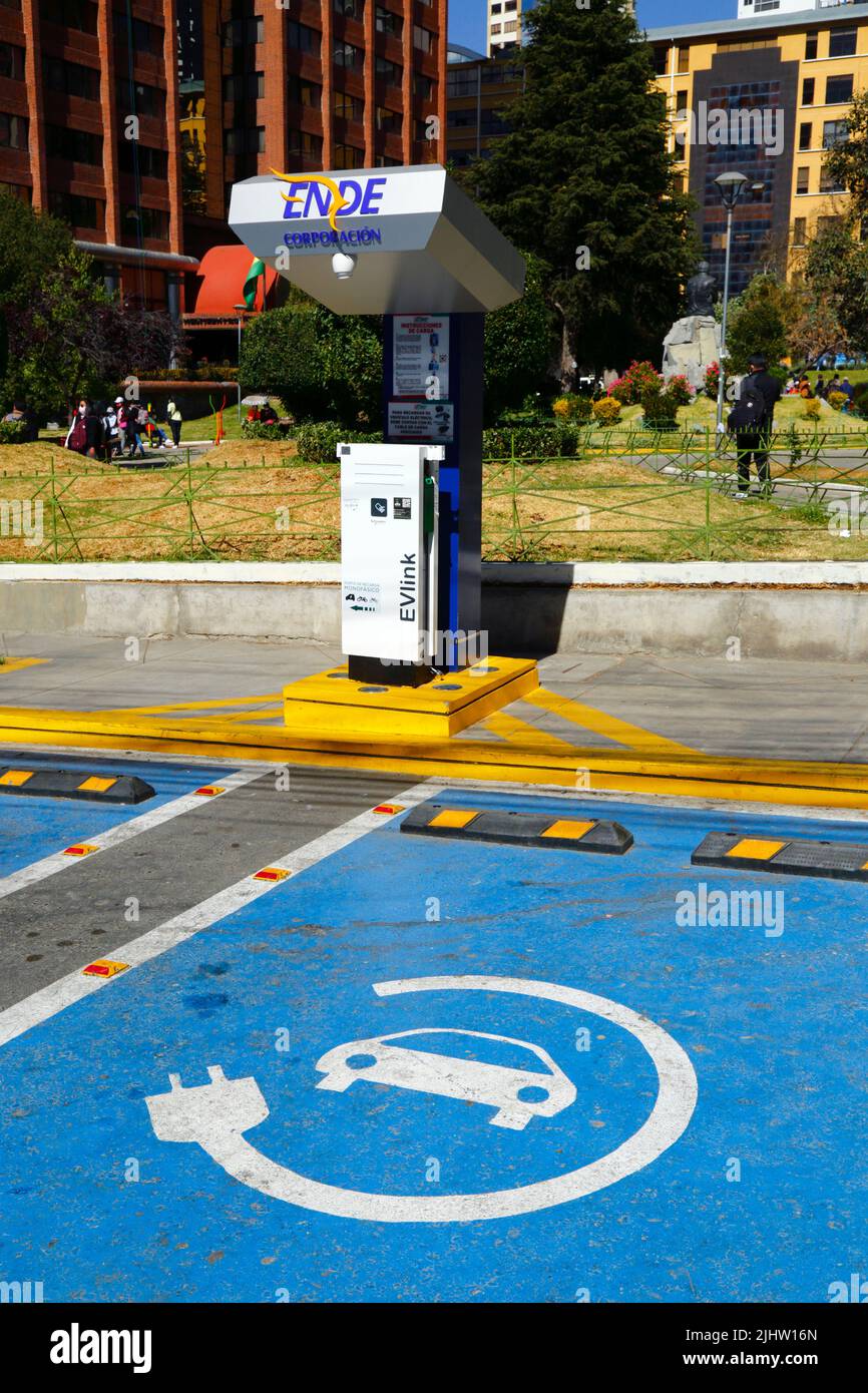 La Paz, Bolivia. An electric vehicle charging station in Plaza Bolivia, Sopocachi district. Bolivia still has very few electric vehicles but the state electricity company ENDE (Empresa Nacional de Electricidad) Corporation has been installing charging points in the main cities Stock Photo
