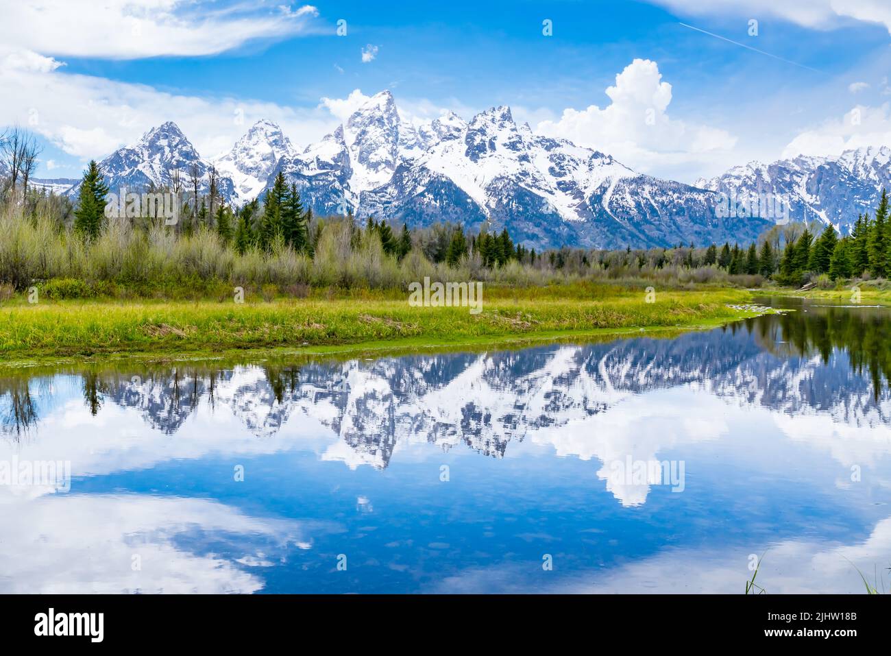 Reflection of the Grand Tetons on the Snake River at Schwabacher Landing in Grand Teton National Park, Wyoming Stock Photo