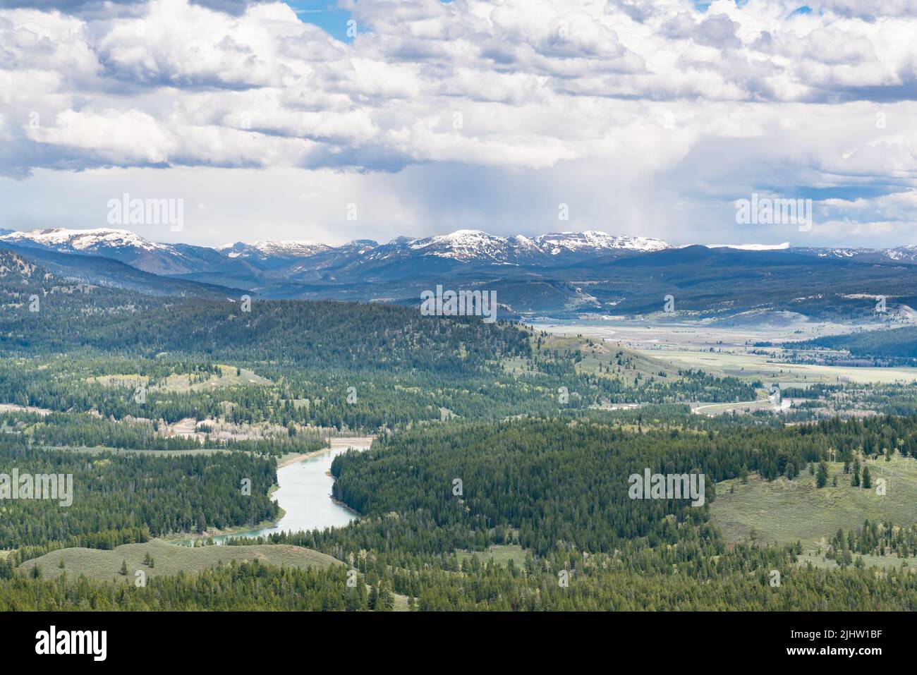 View of the Snake River Valley from Signal Mountain overlook in Grand Teton National Park Stock Photo