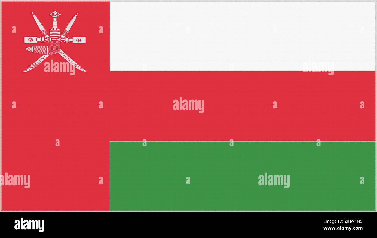 Oman embroidery flag. Omani emblem stitched fabric. Embroidered coat of