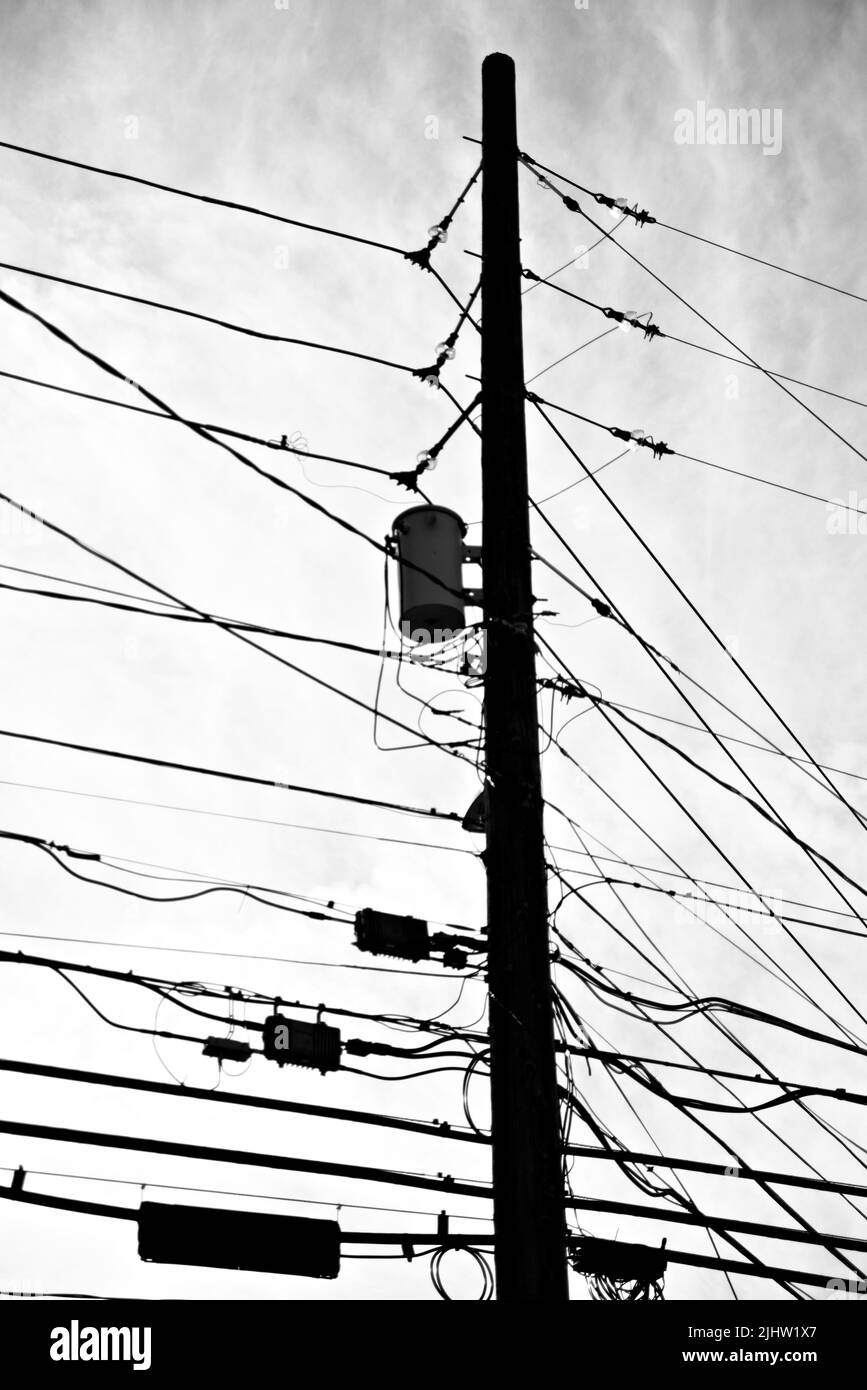 A vertical grayscale shot of power lines on a pole Stock Photo