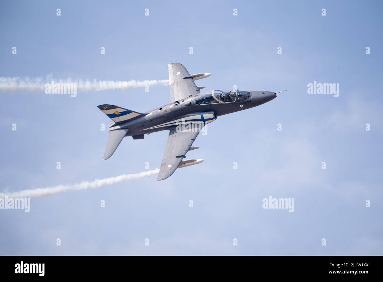 Finnish Airforce BAe Systems Hawk Mk.51 performs at the Royal International Air Tattoo RAF Fairford 2022. Midnight Hawks will display at RIAT 2024. Stock Photo