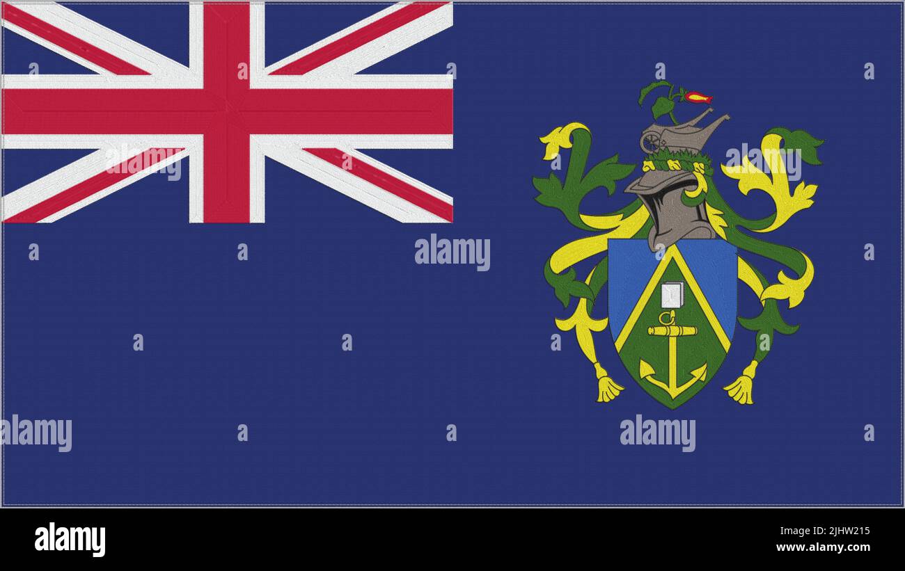 Pitcairn Islands embroidery flag. Emblem stitched fabric. Embroidered coat of arms. Country symbol textile background. Stock Photo