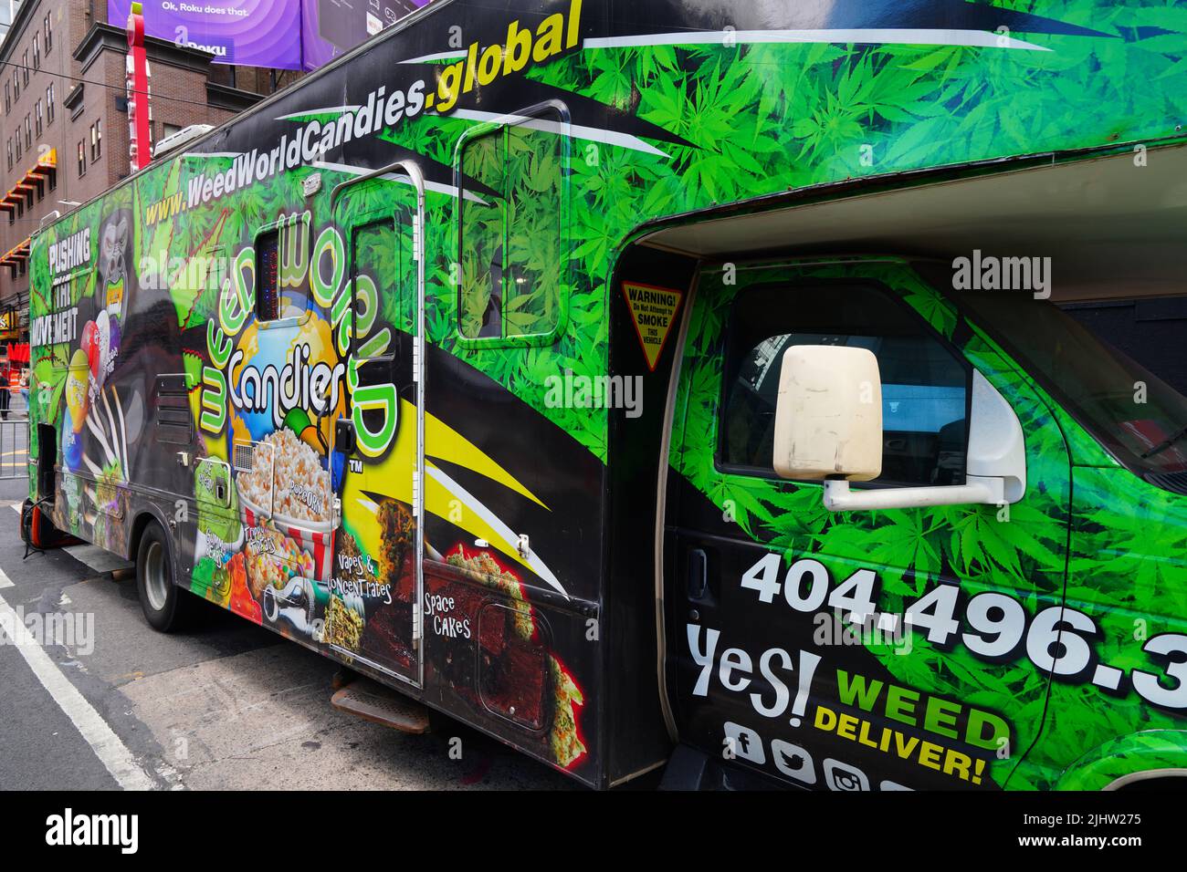 NEW YORK CITY, NY 20 MAR 2022 View of a mobile weed truck on the street in New York City, USA