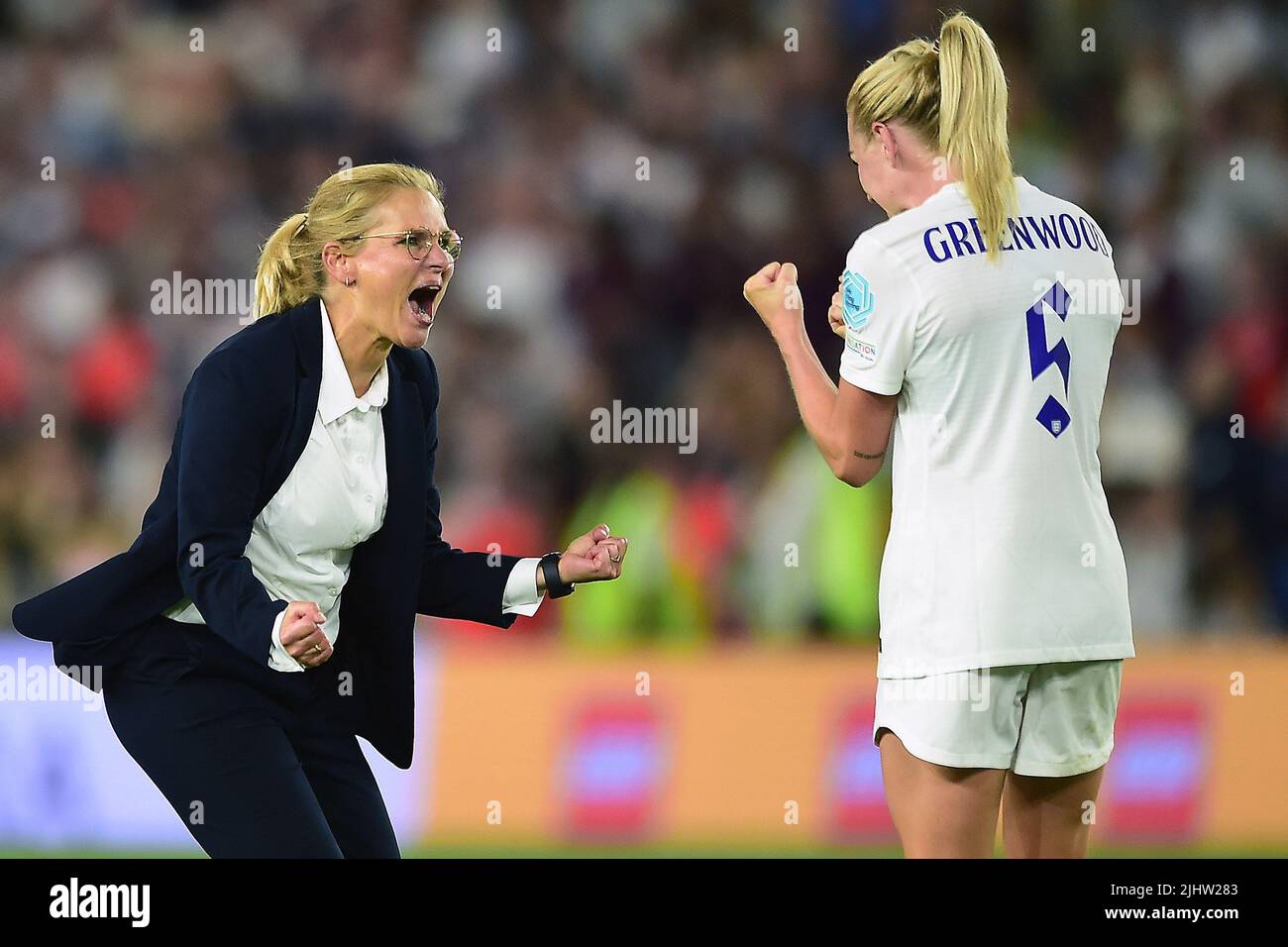 Brighton, UK. 20th July, 2022. Sarina Wiegman, the England Women Head Coach (L) celebrates her teams victory with Alex Greenwood of England Women (R) at the end of the game. UEFA Women's Euro England 2022, quarter-final match, England women v Spain women at the Falmer Stadium in Brighton & Hove in Sussex on Wednesday 20th July 2022. this image may only be used for Editorial purposes. Editorial use only, license required for commercial use. No use in betting, games or a single club/league/player publications. pic by Steffan Bowen/Andrew Orchard sports photography/Alamy Live news Stock Photo