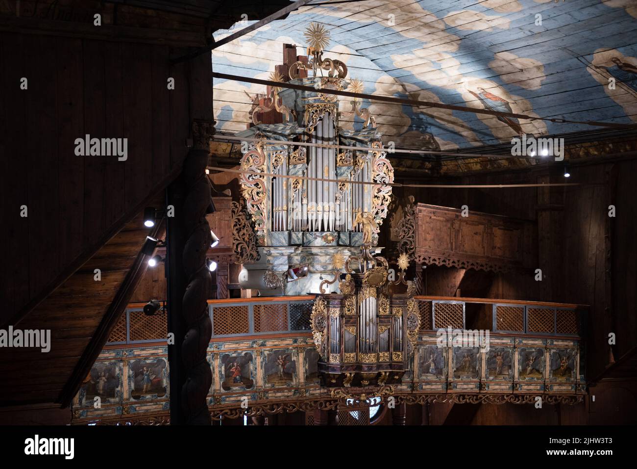 KEZMAROK, SLOVAKIA - JUL 17, 2022 - Organ in wooden evangelical articular church, Kezmarok, Slovakia. UNESCO world heritage site Stock Photo