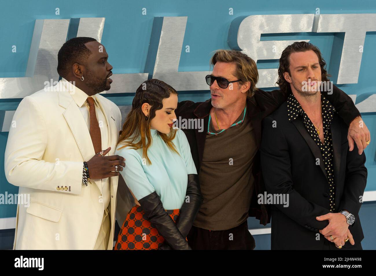 London, UK. 20 July 2022. Cast members (L to R) Brian Tyree Henry, Joey King, Brad Pitt and Aaron Taylor-Johnson attend the UK gala screening of the movie ‘Bullet Train’ at Cineworld Leicester Square.  Credit: Stephen Chung / Alamy Live News Stock Photo