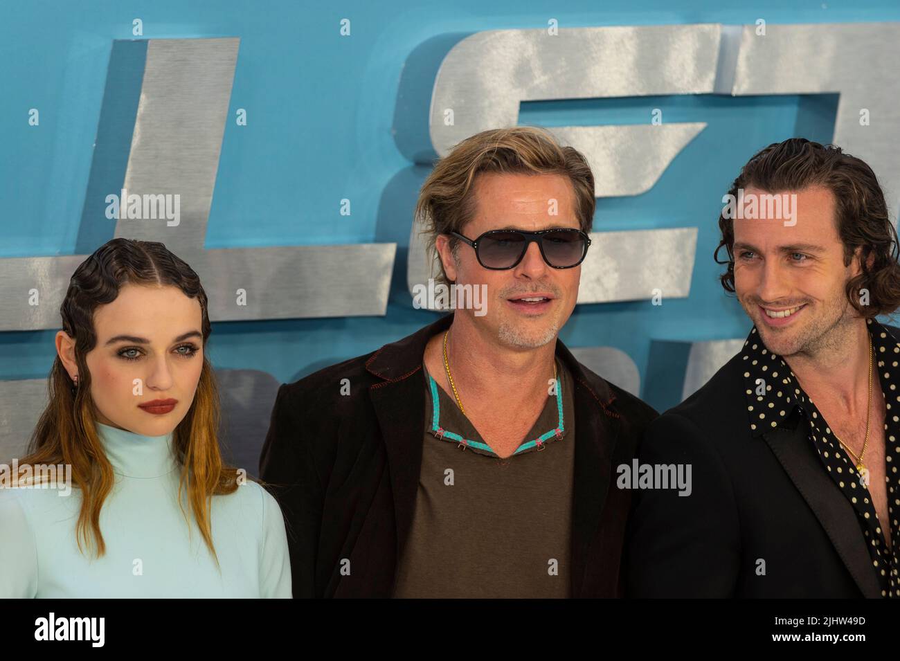 London, UK. 20 July 2022. Cast members (L to R) Joey King, Brad Pitt and Aaron Taylor-Johnson attend the UK gala screening of the movie ‘Bullet Train’ at Cineworld Leicester Square.  Credit: Stephen Chung / Alamy Live News Stock Photo