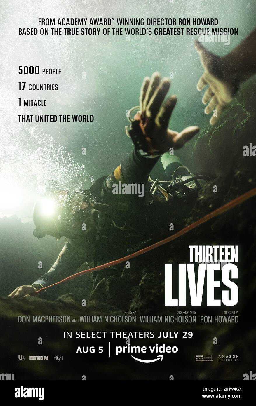 RELEASE DATE: July 29, 2022. TITLE: Thirteen Lives. STUDIO: MGM. DIRECTOR: Ron Howard. PLOT: A rescue mission is assembled in Thailand where a group of young boys and their soccer coach are trapped in a system of underground caves that are flooding. STARRING: Poster Art. (Credit Image: © MGM/Entertainment Pictures) Stock Photo