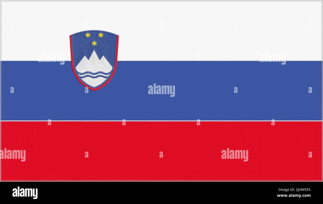 Slovenia embroidery flag. Slovenian emblem stitched fabric. Embroidered