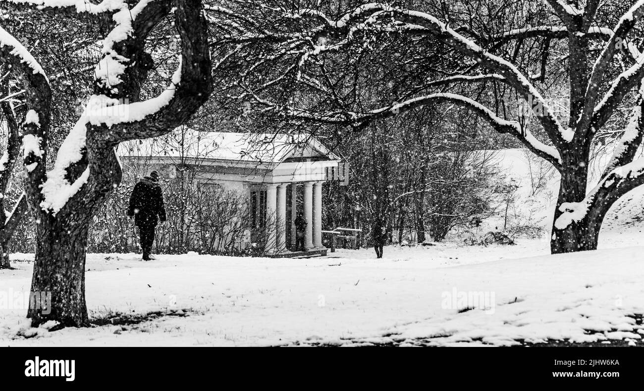 A black and white shot of people walking through a beautiful winter park under falling snow Stock Photo