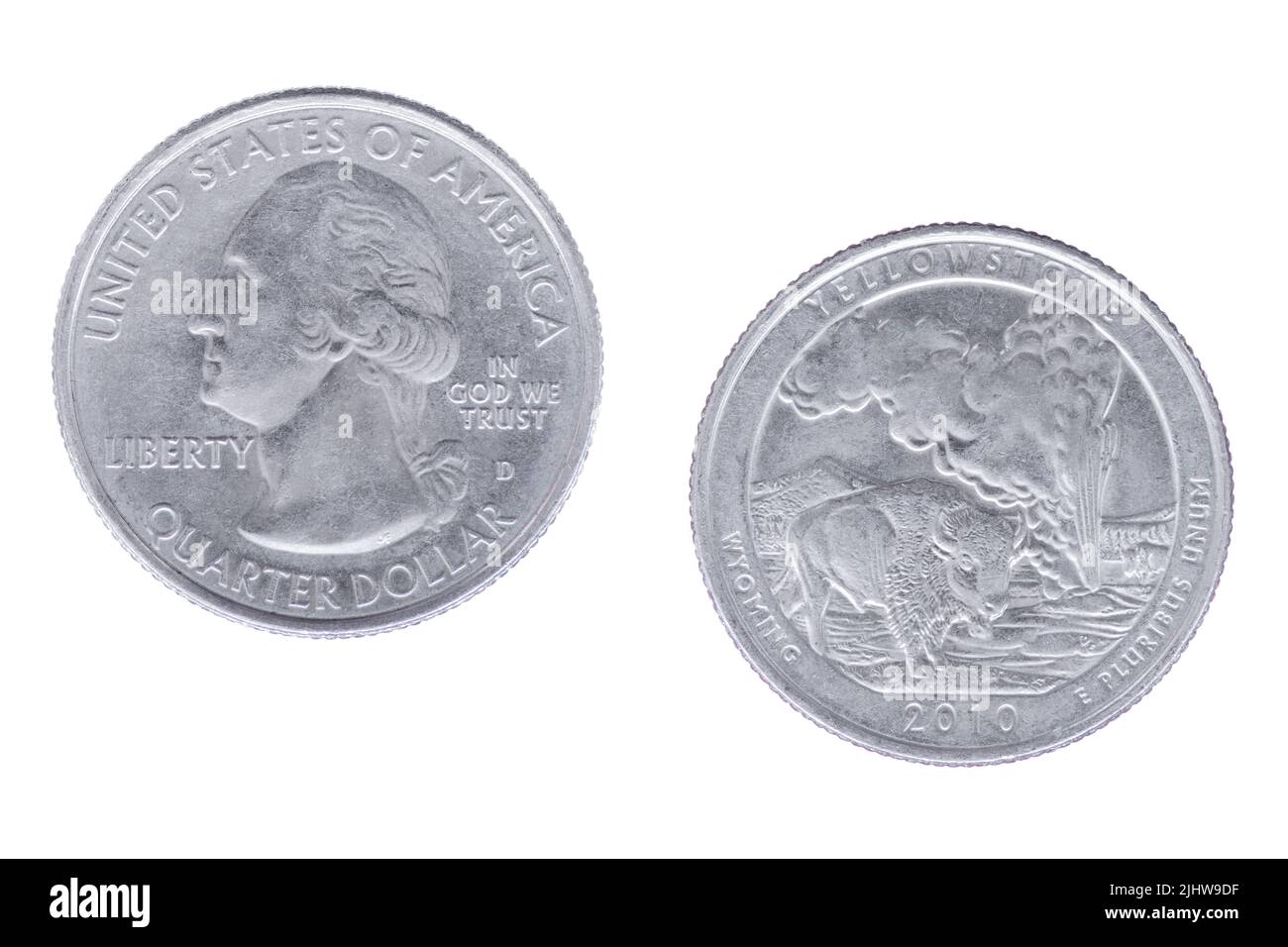 Obverse and reverse sides of the Yellowstone National Park 2010D Commemorative Quarter, part of the America the Beautiful Commemorative Quarters Stock Photo
