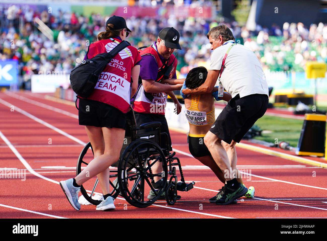 Germany’s Sara Benfares receives medical treatment following the Women