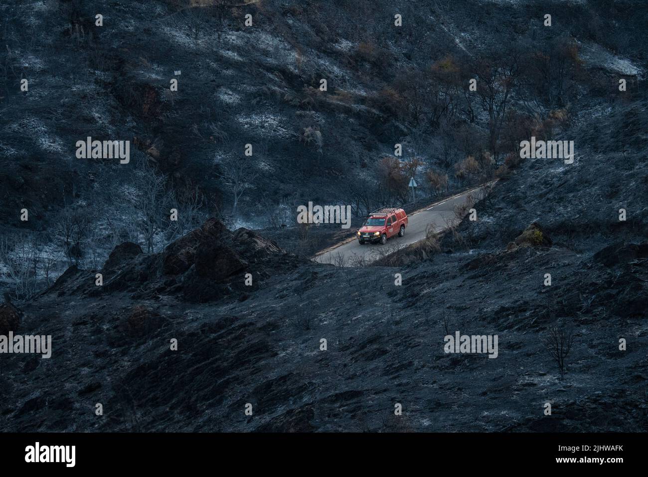 Guadalajara, Spain. 20th July, 2022. A vehicle of the Emergency Military Unit (UME) is seen near Valdepeñas de la Sierra, driving on a road through a field burned by a fire that has devastated more than 3,000 hectares. Wildfires have broken out across Spain amid a severe heatwave. Credit: Marcos del Mazo/Alamy Live News Stock Photo