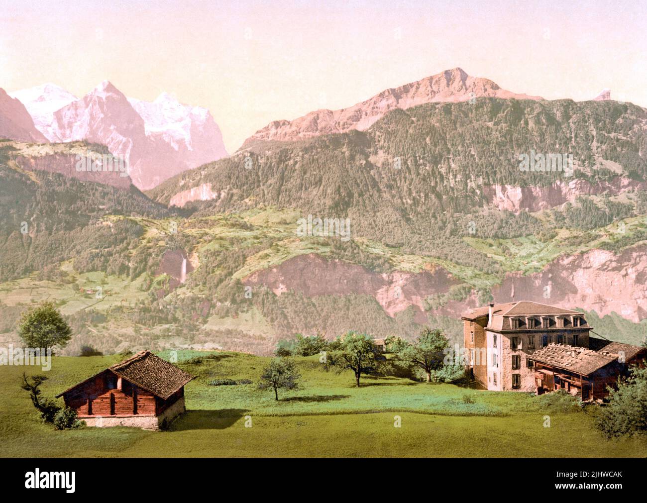 Hotel Alpbach, Wellhorn and Wetterhorn, Meiringen, Bernese Oberland,  Bern, Switzerland 1890. Stock Photo