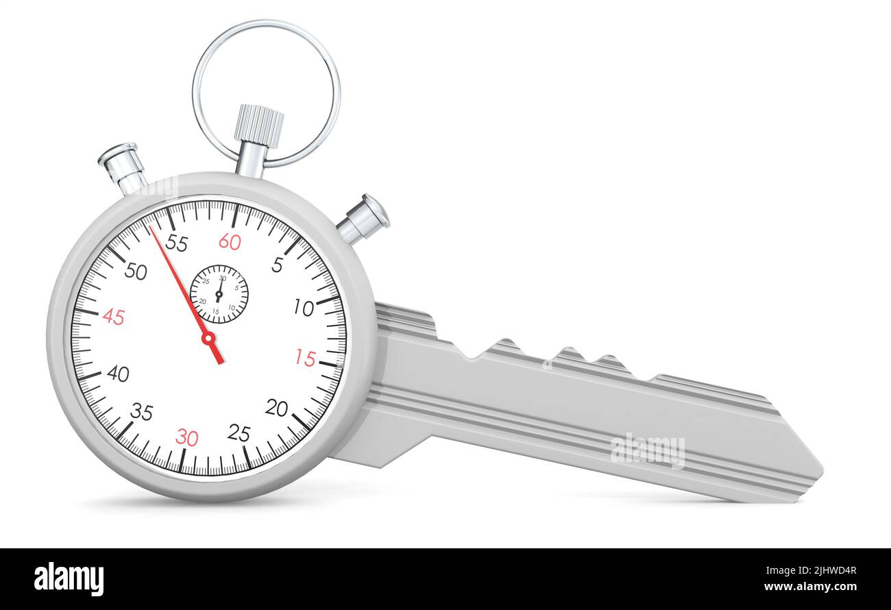 Metal stopwatch with key isolated on white background, 3d rendering ...