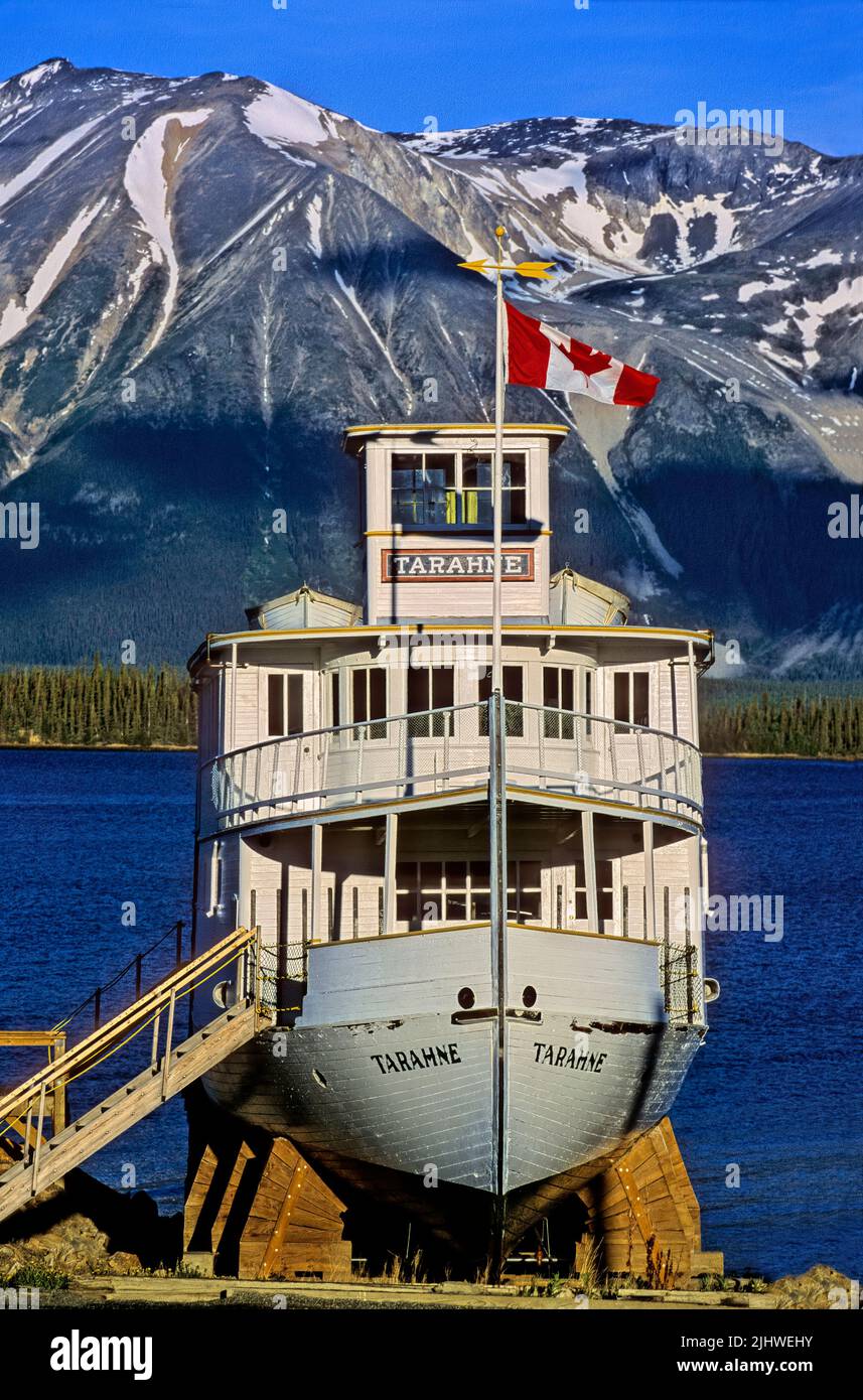 A front view of the M.V. Tarahne, an early 1900s Lake Boat in Atlin, British Columbia Canada. Stock Photo