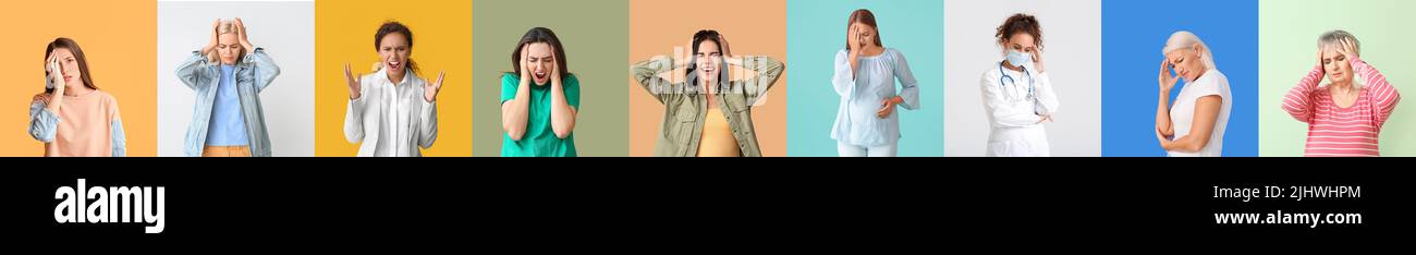 Set of depressed women on colorful background Stock Photo