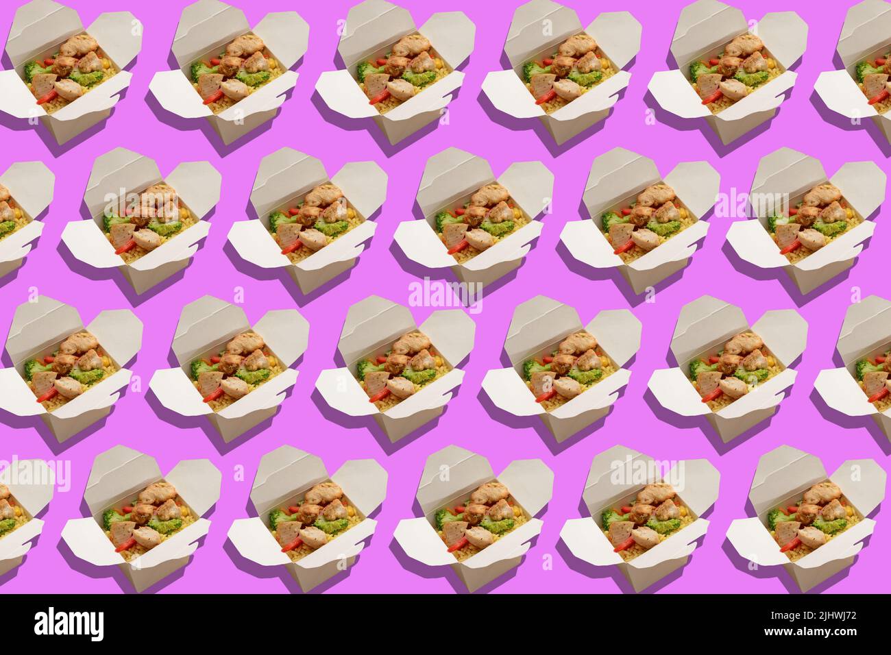 Fried Rice Box Designs Many boxes with tasty fried rice on lilac background. Pattern for ...