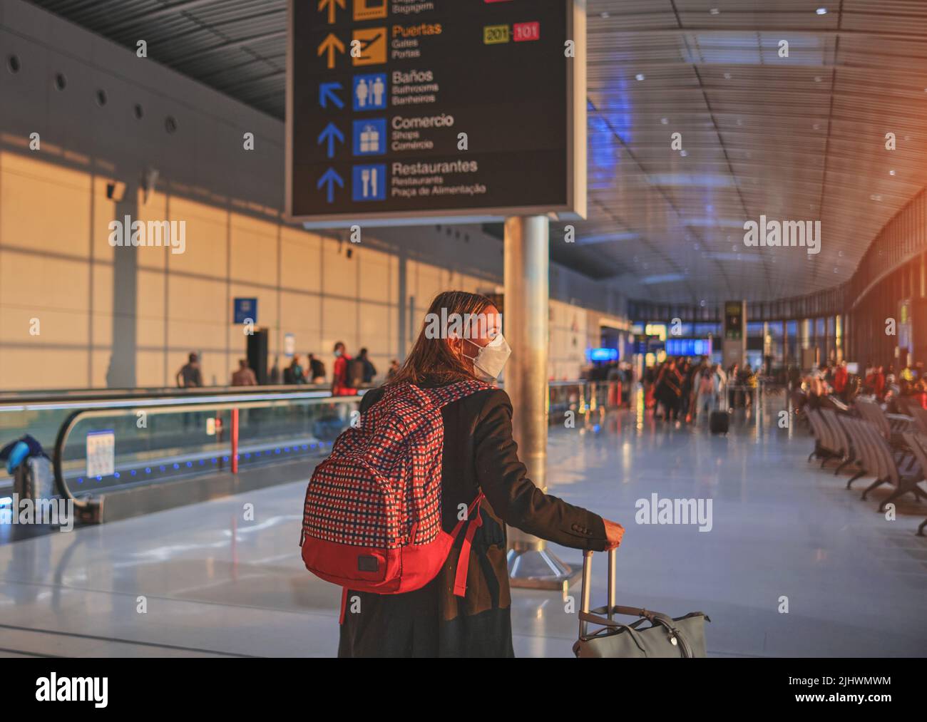 Panama City, Panama: Airport structure, transportation, people moving, travelator in Terminal at the Tocumen International Airport in Panama City. Stock Photo