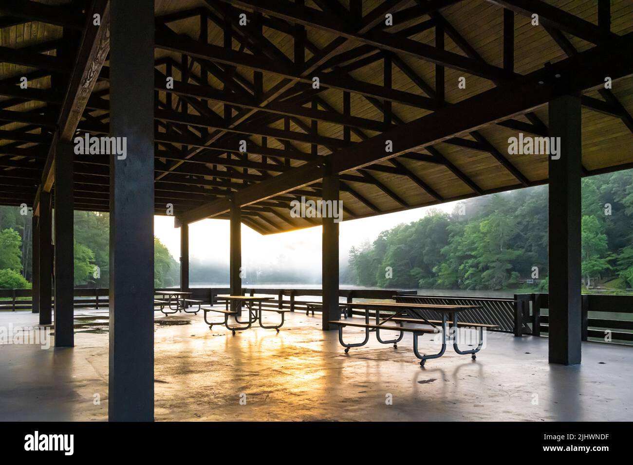 Vogel State Park's lakeside pavilion at sunrise in the North Georgia Mountains near Blairsville. (USA) Stock Photo