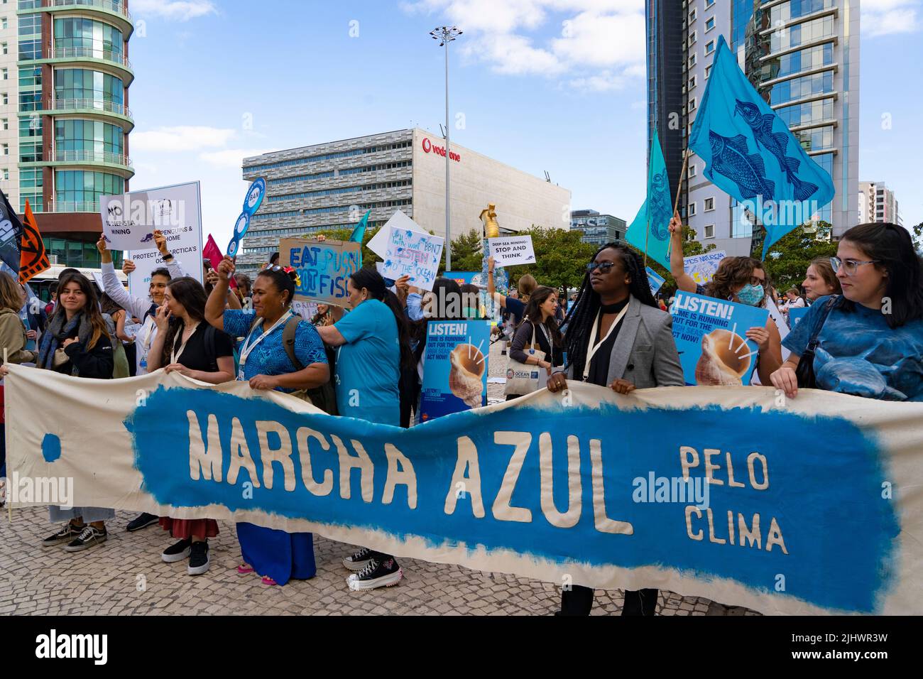Ending overfishing is climate action Blue Climate March - protest by civil society at the UN Ocean Conference, Lisbon, June 29, 2022. Stock Photo