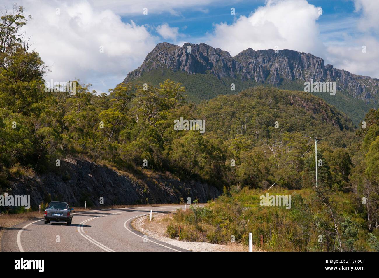 Touring the West Coast of Tasmania: highway near Mt Murchison Stock Photo