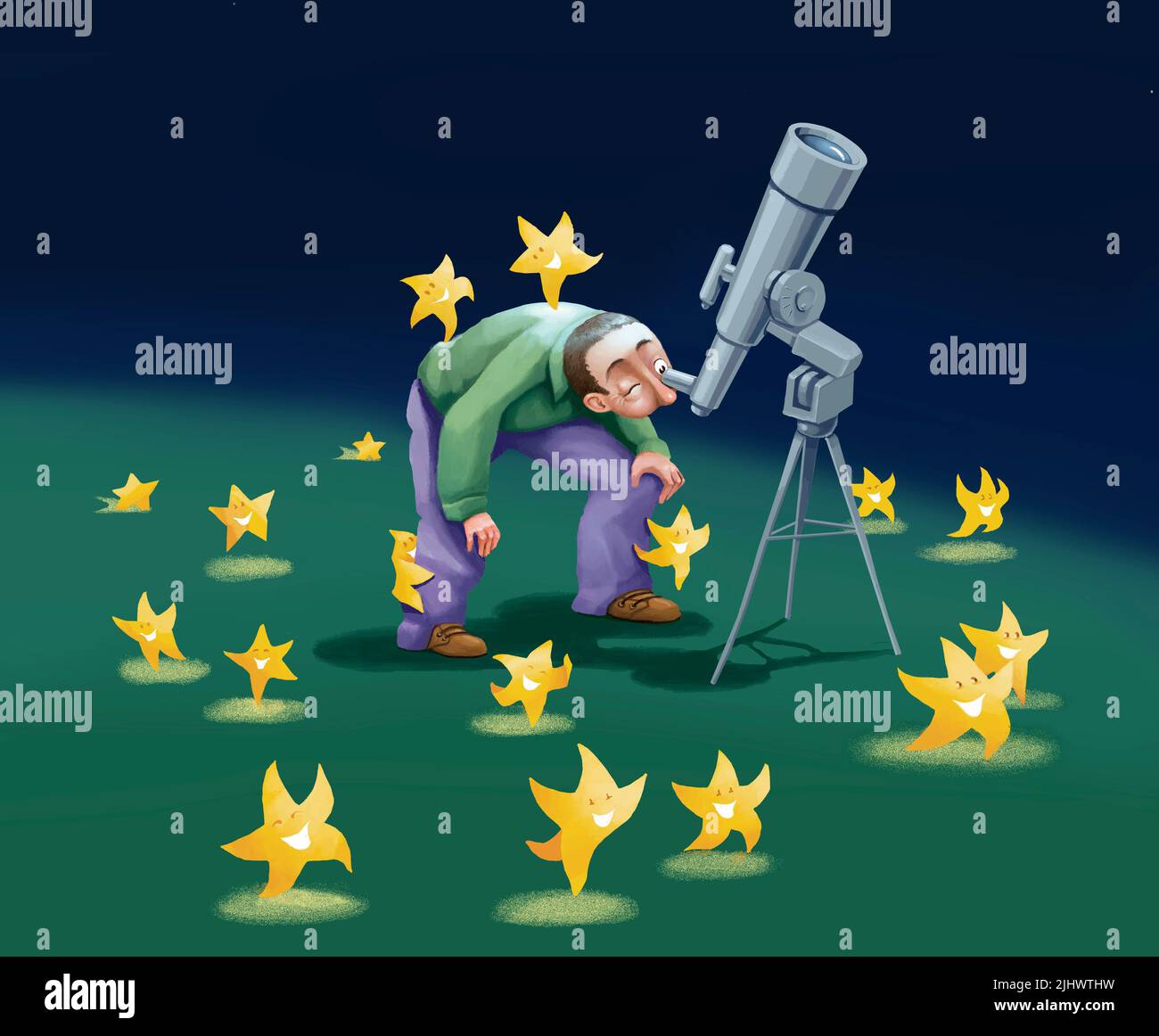 An astronomer looking at the sky with a telescope brings the magic of the universe to all of us on earth, shares his knowledge and transmits his curio Stock Photo