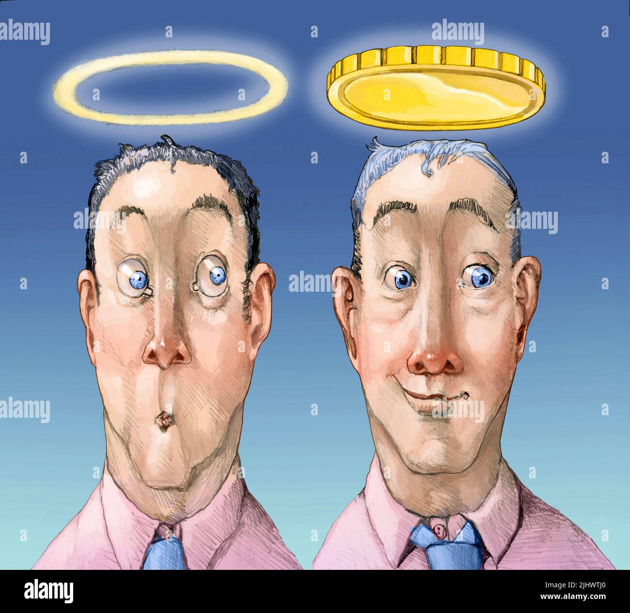 two men seen from the front, one has a halo the other has a large coin instead of a halo, metaphor of the opportunity that makes the man a thief Stock Photo