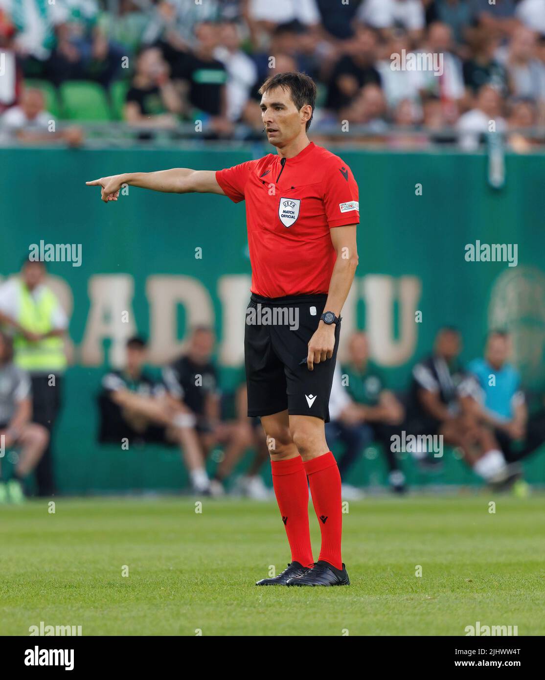 BUDAPEST, HUNGARY - JULY 20: Referee Ricardo de Burgos reacts during the UEFA Champions League Second Qualifying Round First Leg match between Ferencvarosi TC and SK Slovan Bratislava at Ferencvaros Stadium on July 20, 2022 in Budapest, Hungary. Stock Photo