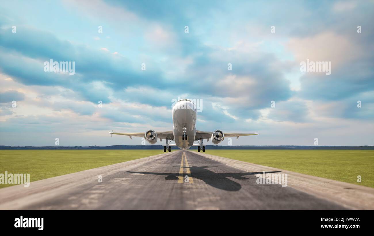 Landing of a commercial aircraft on an airport runway with beautiful afternoon skies, 3D illustration. Stock Photo