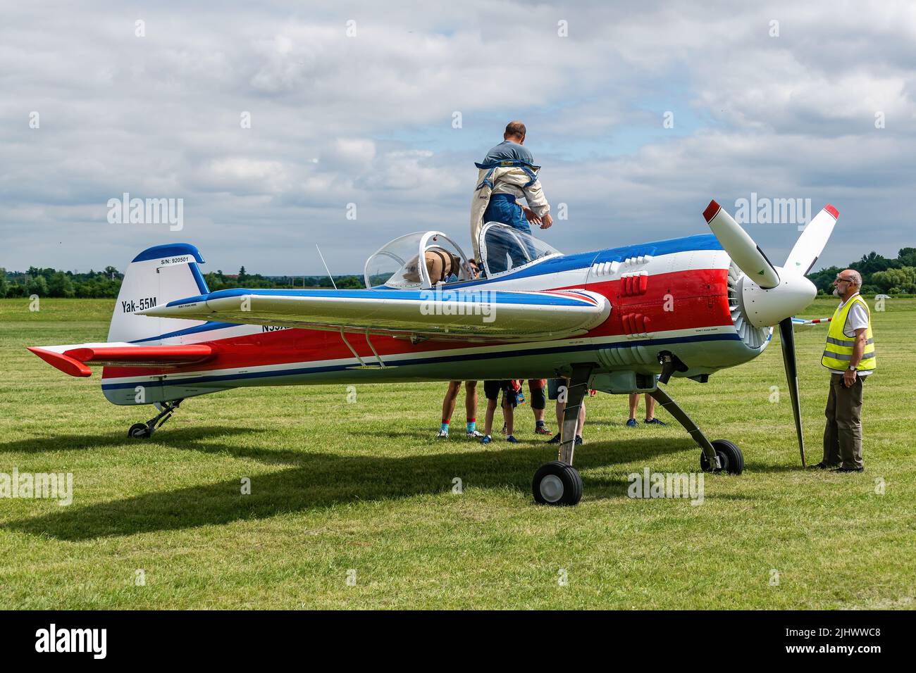 Aviation Day. Sports aerobatic aircraft Yak 55 ready at the airport Stock Photo