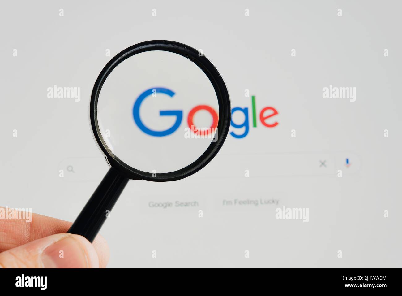 the Google search service page is open on the computer screen in close-up. Barnaul. Russia June 20, 2022 Stock Photo