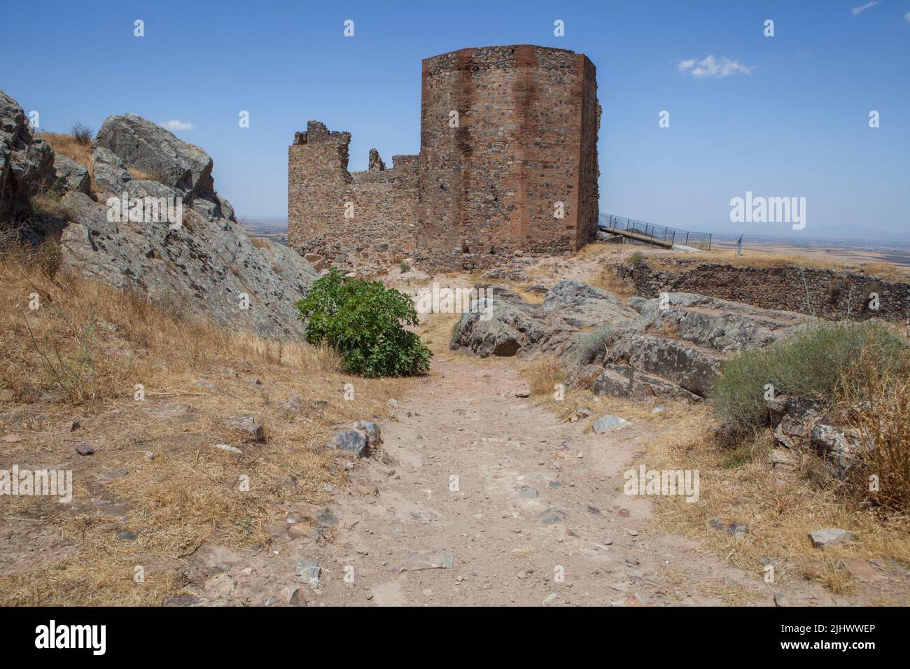 Magacela fostress remains, Badajoz, Extremadura, Spain. Origin of the fortress was believed pre-Roman Stock Photo