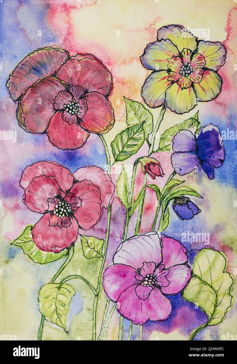 Pansies watercolor doodle. The dabbing technique near the edges gives a soft focus effect due to the altered surface roughness of the paper. Stock Photo