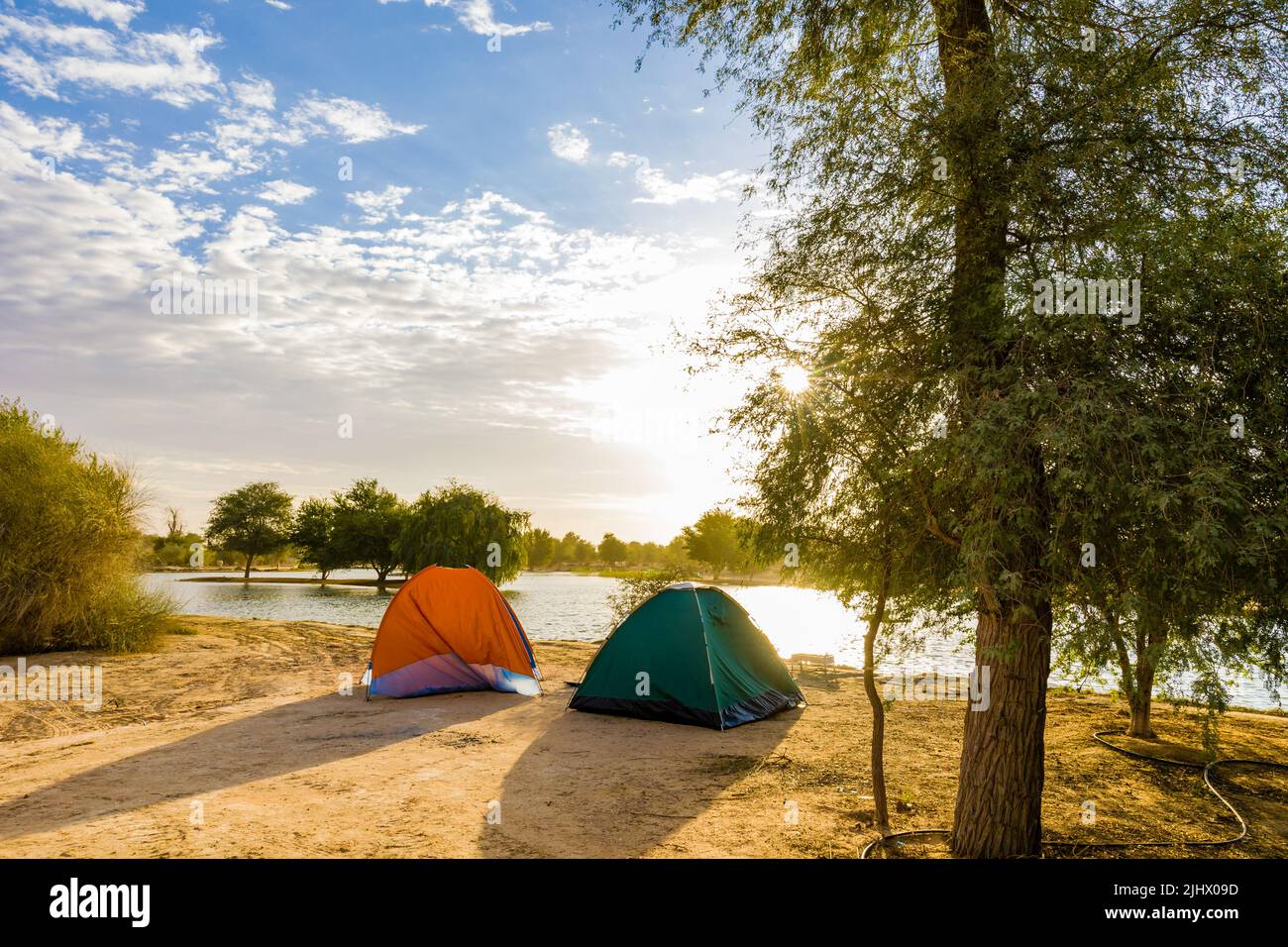 Camping tent in forest near a lake. A view from Al Qudra lake Dubai