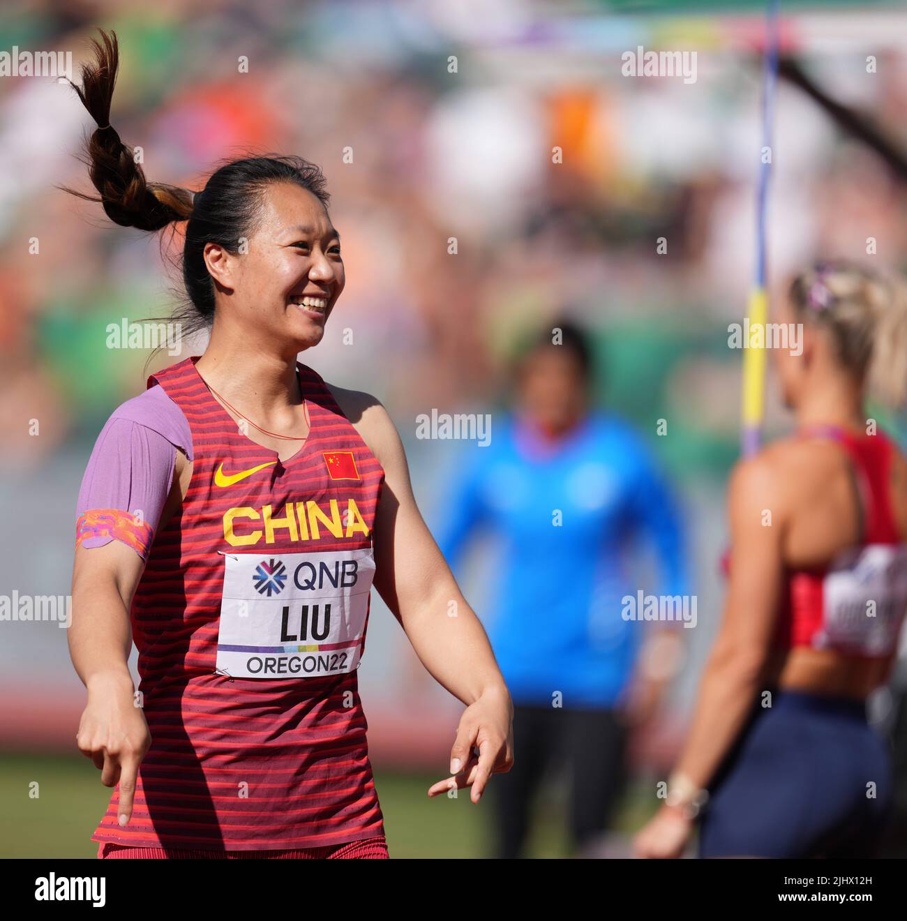 Eugene, USA. 20th July, 2022. China's Liu Shiying celebrates after her first attempt during the women's javelin throw qualification at the World Athletics Championships Oregon22 in Eugene, Oregon, the United States, July 20, 2022. Credit: Wu Xiaoling/Xinhua/Alamy Live News Stock Photo
