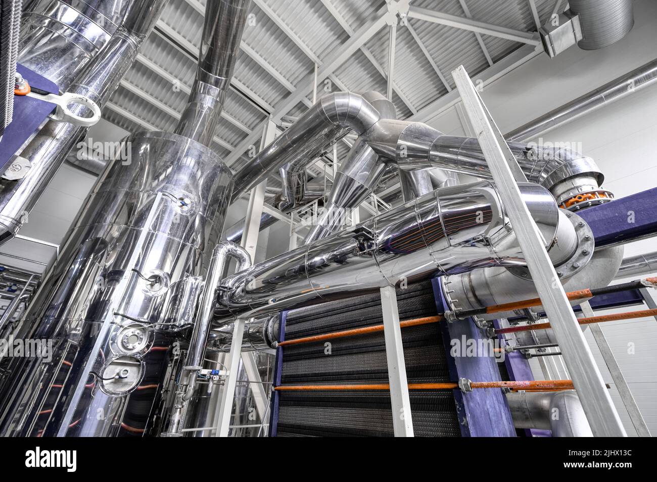 Blocks of powerful plate heat exchangers chill hot liquids Stock Photo