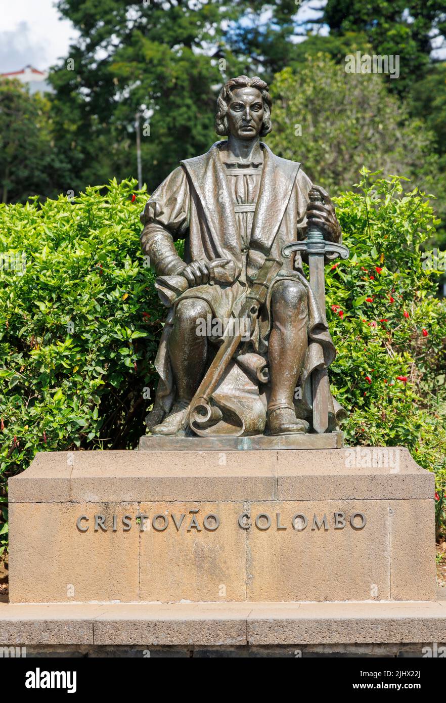 Statue of Christopher Columbus in Santa Catarina Park, Funchal, Madeira, Portugal Stock Photo