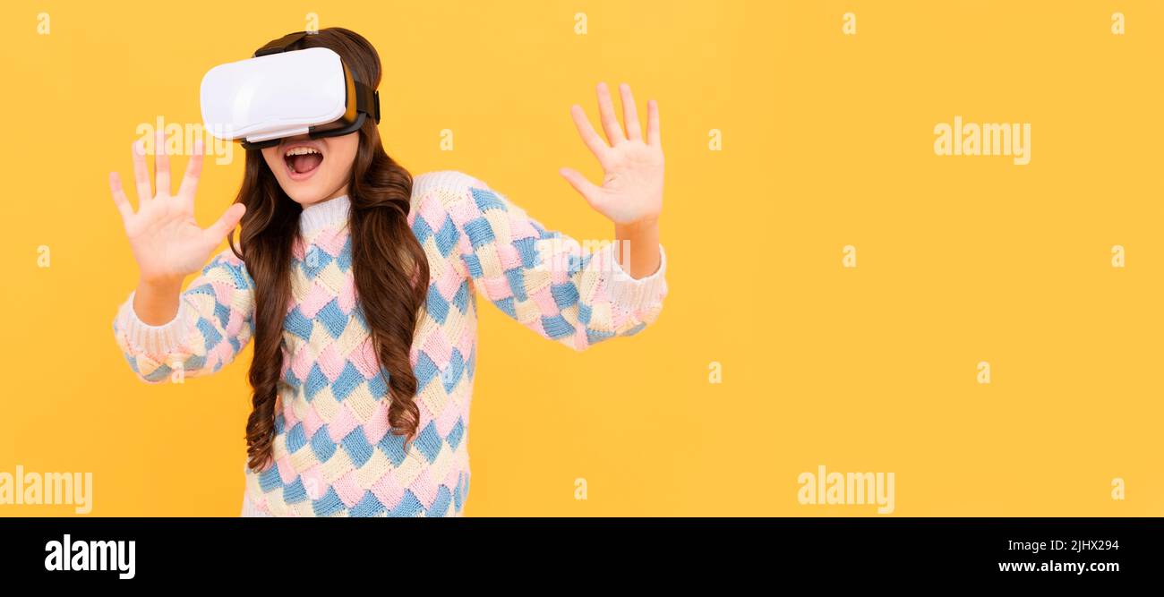 Digital future and innovation. child in virtual reality goggles. modern wireless technology. Banner of child girl with virtual reality vr headset Stock Photo