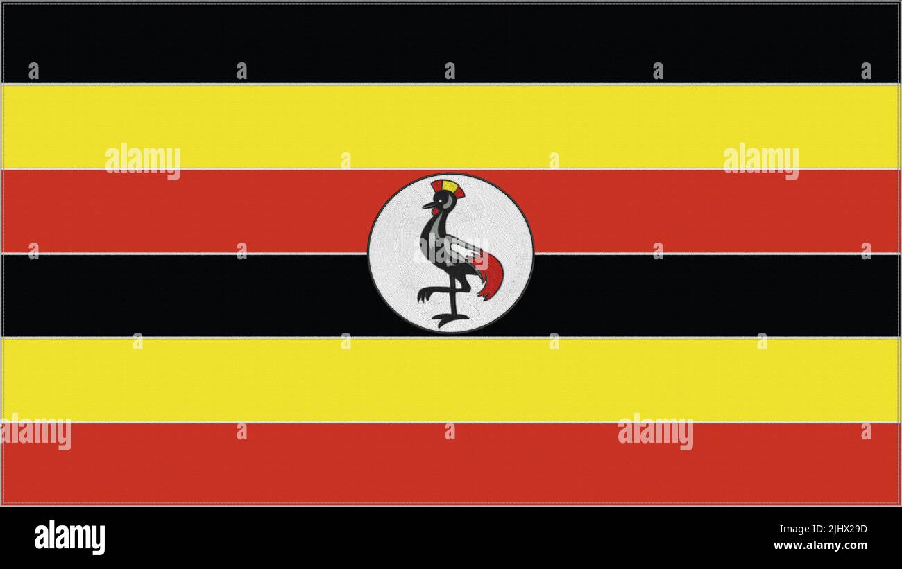 Uganda embroidery flag. Emblem stitched fabric. Embroidered coat of