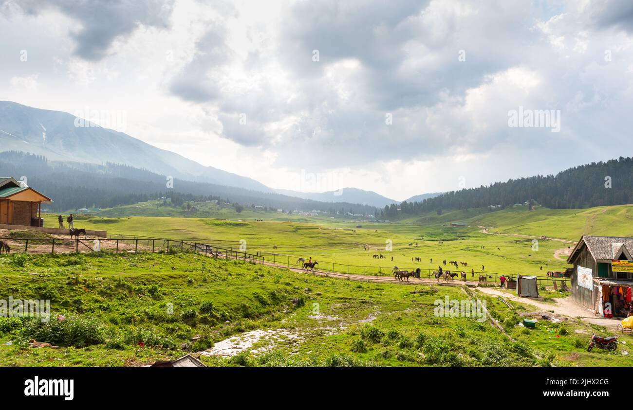 Gulmarg known as Gulmarag in Kashmiri, is a town, hill station, popular skiing destination. Stock Photo