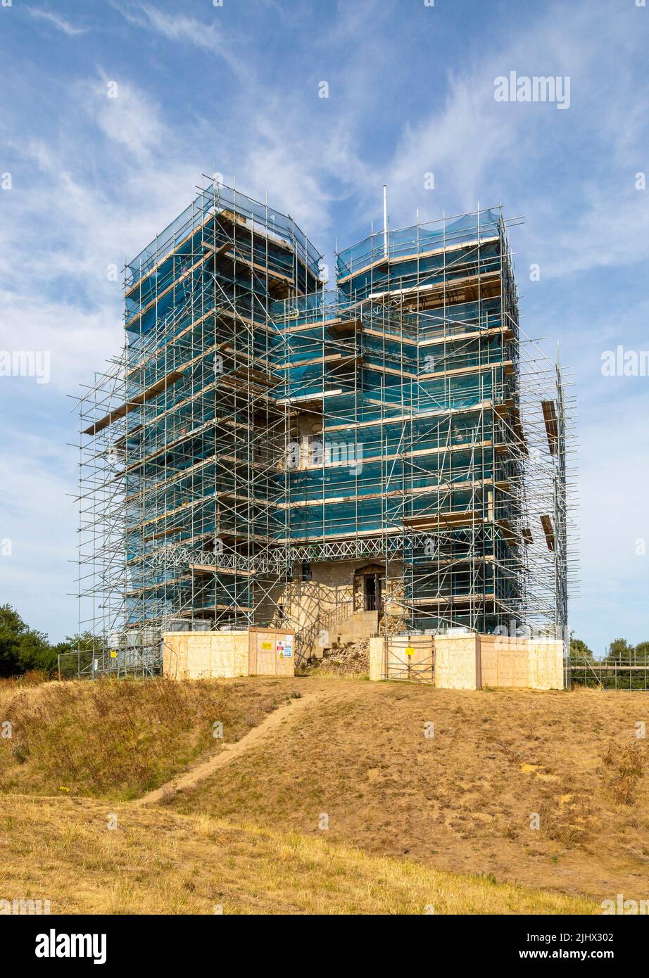 Orford Castle surrounded by scaffolding during restoration project by English Heritage, Orford, Suffolk, England, July 2022 Stock Photo